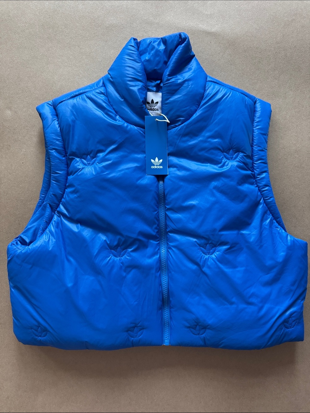NWT adidas Women Monogram cropped Bright Blue Puffer Vest with High Collar